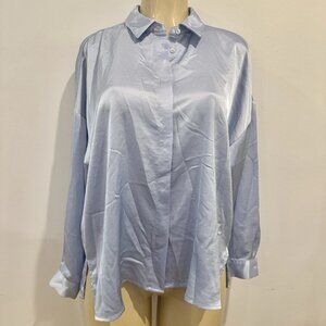Zara Light Blue Satin Blouse Sz L Long Sleeves Button Front Shirt Top